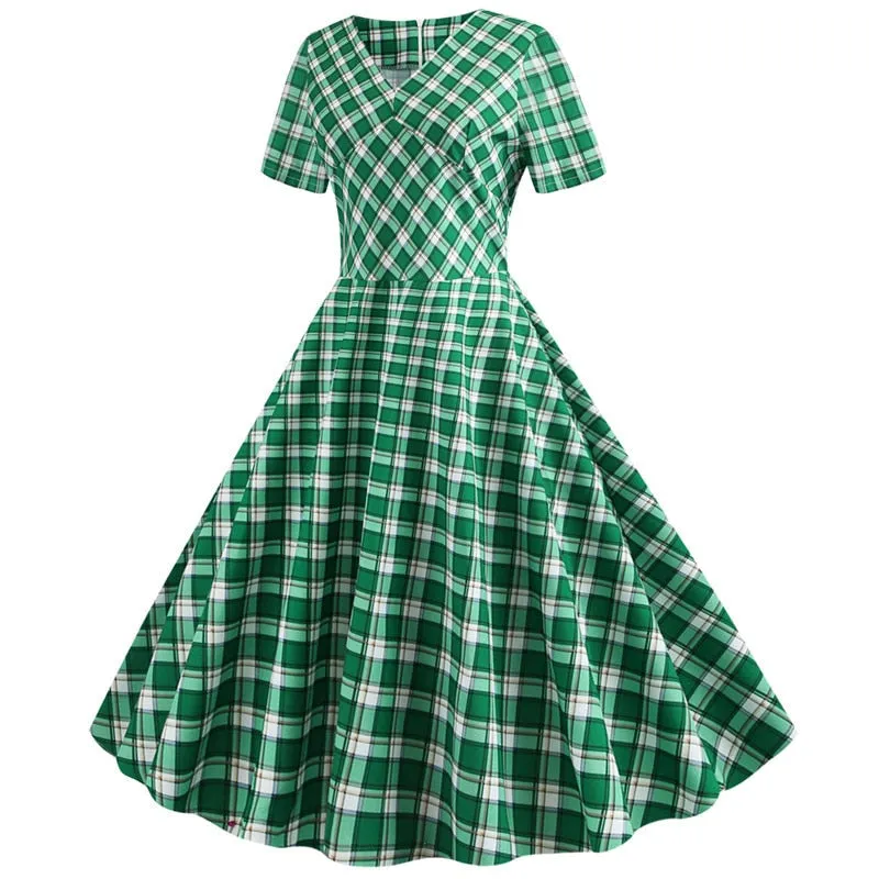 Women Plaid Print Short Sleeve V neck Elegant Slim Dress - WD8008